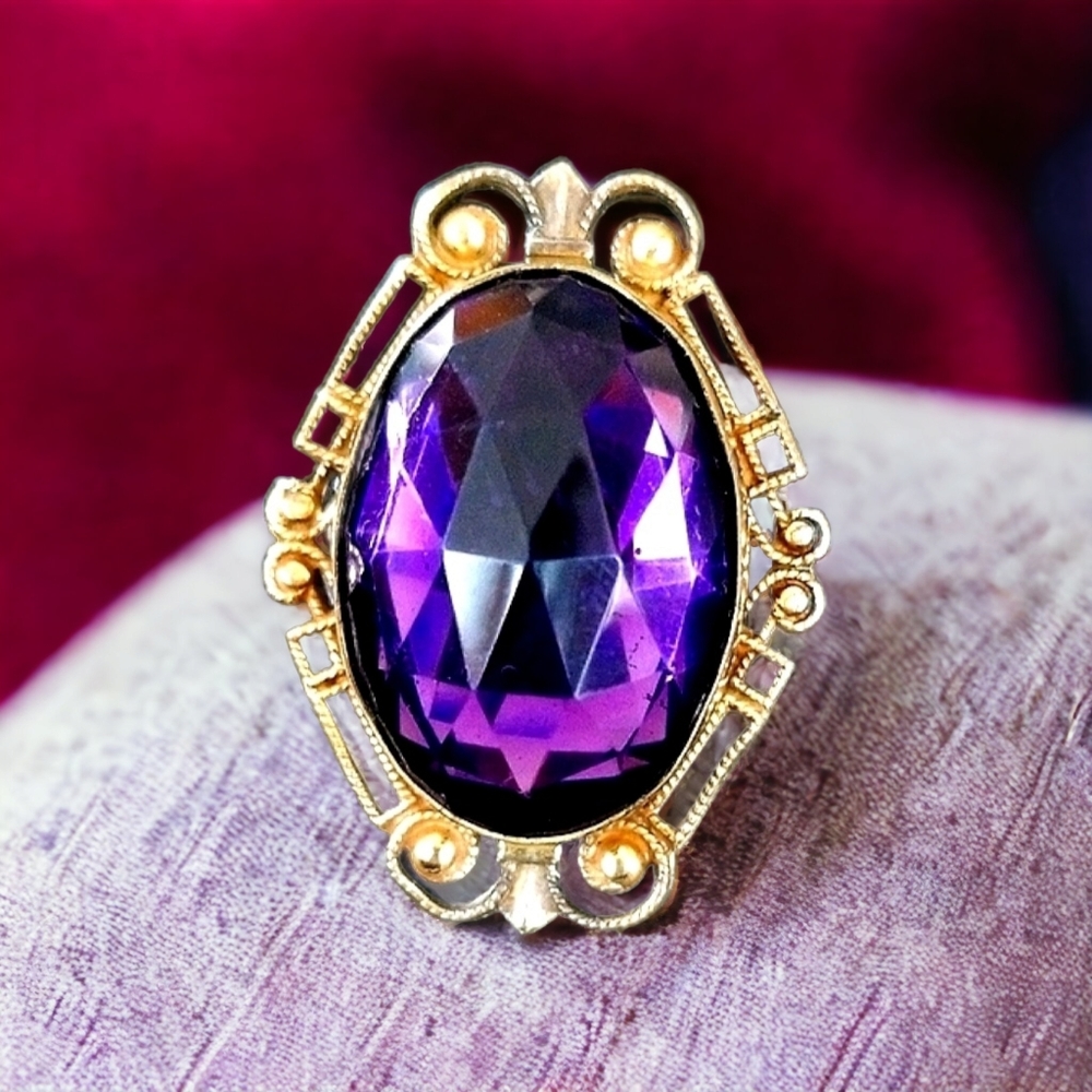 Vintage 1920s Art Deco Amethyst Crystal Cocktail Ring Size 6.5